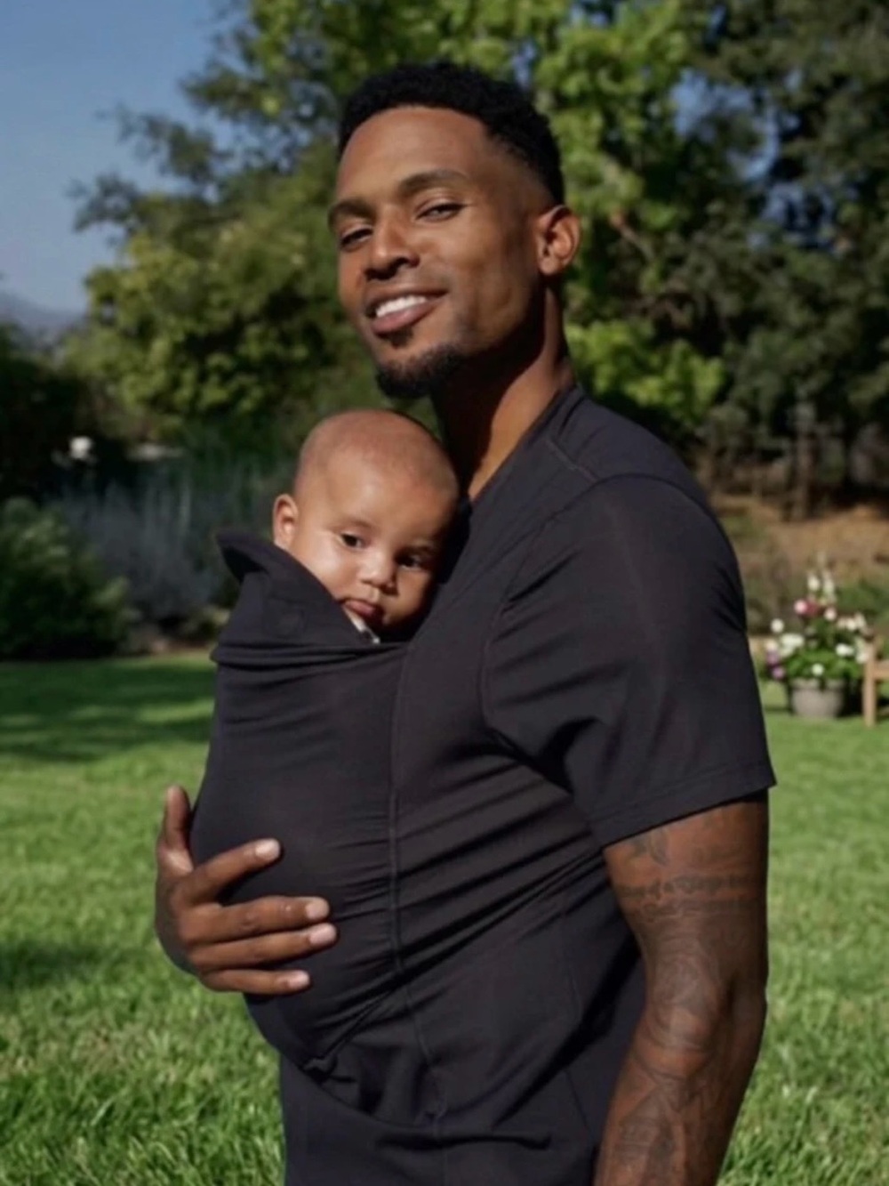 Men's Short Sleeve Black Tee with Built-In Baby Carry Panel
